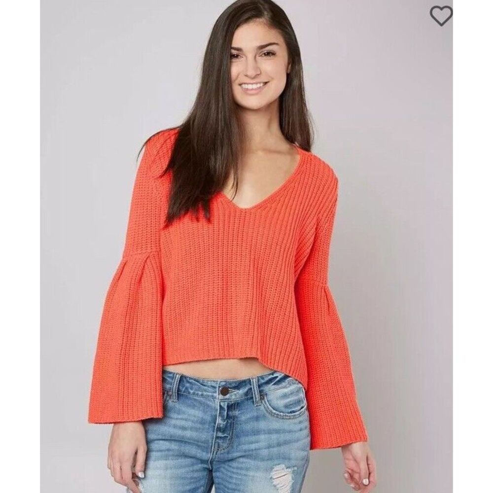 Free People Damsel Sweater Size M Cropped Belle‎ Sleeve Coral